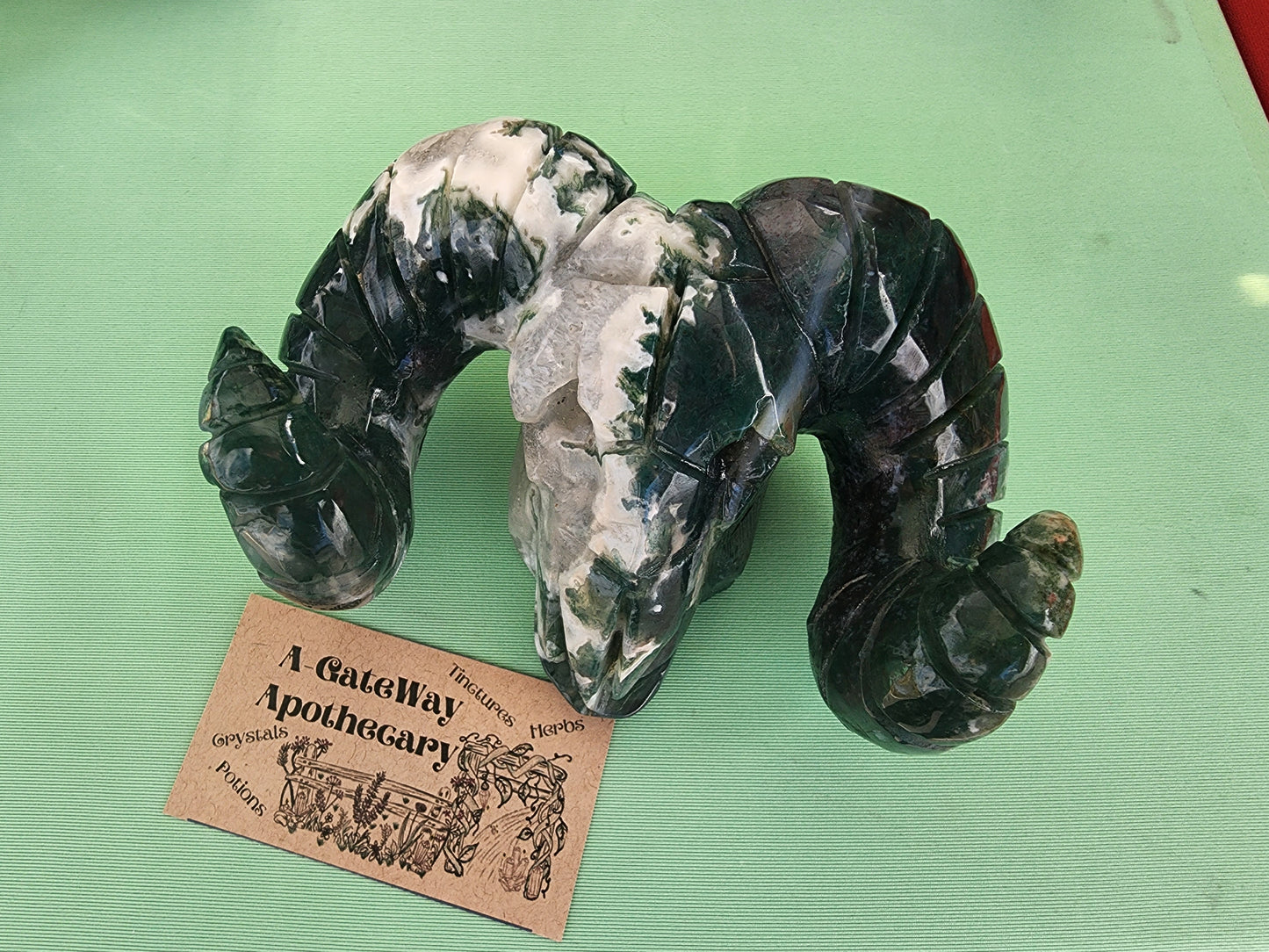 Carving - Large Ram Skull - Moss Agate - 150mm/6"