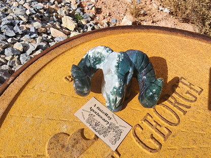 Carving - Large Ram Skull - Moss Agate - 150mm/6"