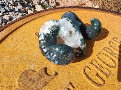 Carving - Large Ram Skull - Moss Agate - 150mm/6"