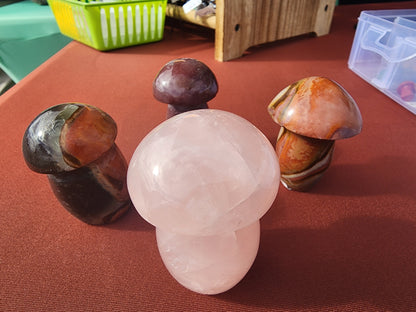 Carving - Large Mushroom - Polychrome Jasper, 60mm / Rose Quartz, 70mm